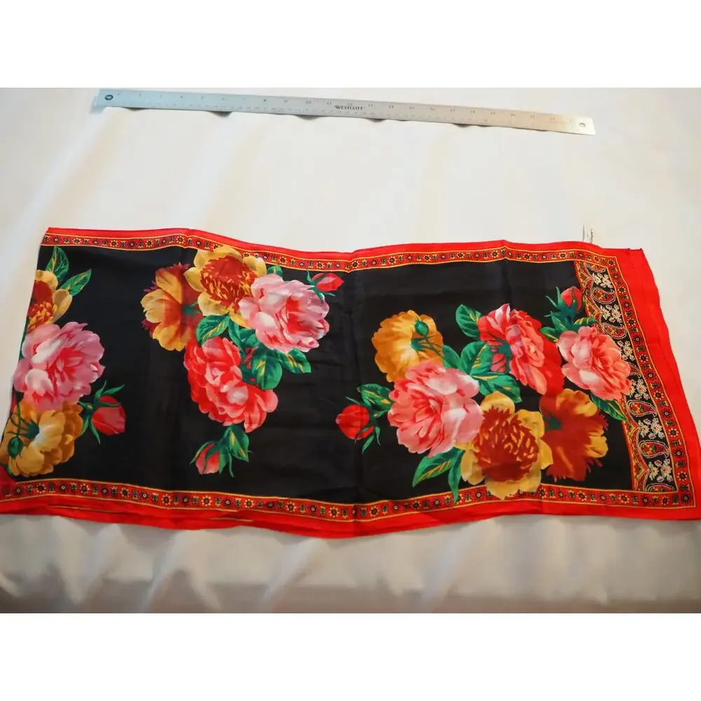 Vintage Worthington 100% Silk Scarf 48x12 Red Black Floral Rose Japan